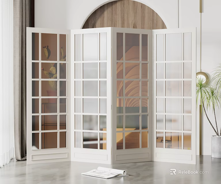 White Four Panel Room Divider With Glass Lattice Design For Modern Interior 3d model