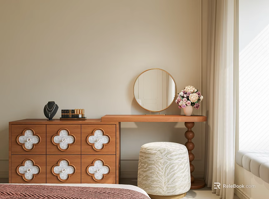 Vintage Wooden Dressing Table With Round Gold Framed Mirror And Patterned Padded Stool For Bedroom 3d model 