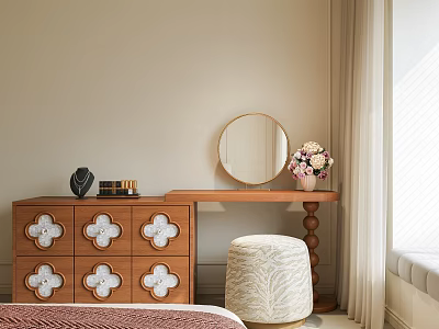 Vintage Wooden Dressing Table With Round Gold Framed Mirror And Patterned Padded Stool For Bedroom 3d model