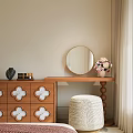 Vintage Wooden Dressing Table With Round Gold Framed Mirror And Patterned Padded Stool For Bedroom