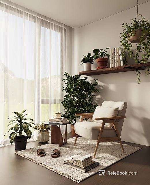 Beige Upholstered Armchair With Wooden Armrest In Modern Living Room With Plants Bookshelf And Curtains 3d model 
