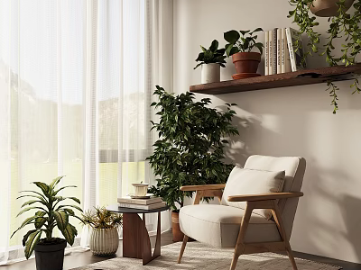 Beige Upholstered Armchair With Wooden Armrest In Modern Living Room With Plants Bookshelf And Curtains 3d model