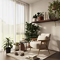 Beige Upholstered Armchair With Wooden Armrest In Modern Living Room With Plants Bookshelf And Curtains