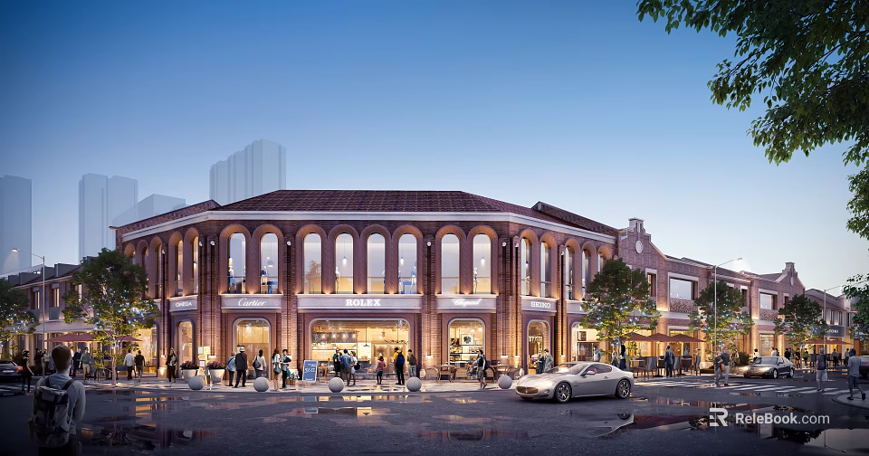 Commercial Street Red Brick Buildings Arched Windows Illuminated Evening Atmosphere Pedestrians Parked Cars and Trees 3d model 