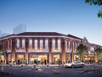 Commercial Street Red Brick Buildings Arched Windows Illuminated Evening Atmosphere Pedestrians Parked Cars and Trees 3d model