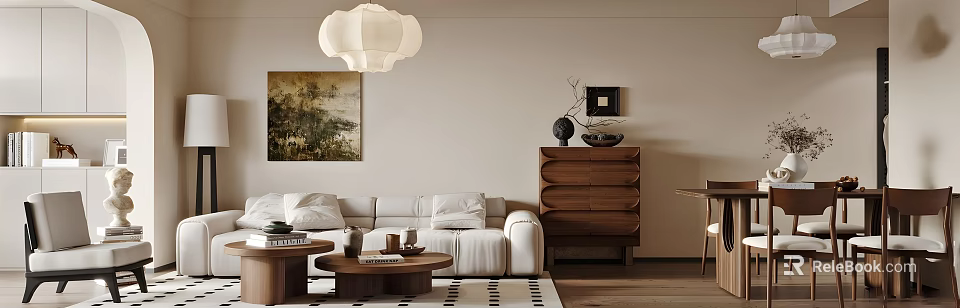 Cozy Living Dining Area with White Sofa Wooden Coffee Tables and Checkered Rug 3d model 