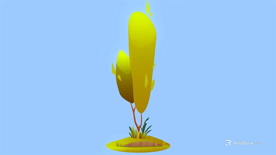 Vibrant Cartoon Scene With Yellow Trees Red Trunks Green Grass And Blue Background 3d model 