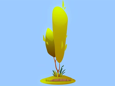 Vibrant Cartoon Scene With Yellow Trees Red Trunks Green Grass And Blue Background 3d model