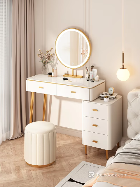 Elegant White And Gold Dressing Table With Round Mirror Upholstered Stool Cosmetics And Decorative Vase 3d model 