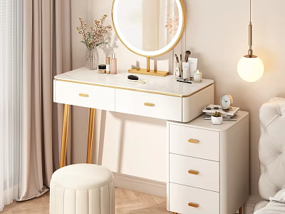 Elegant White And Gold Dressing Table With Round Mirror Upholstered Stool Cosmetics And Decorative Vase 3d model