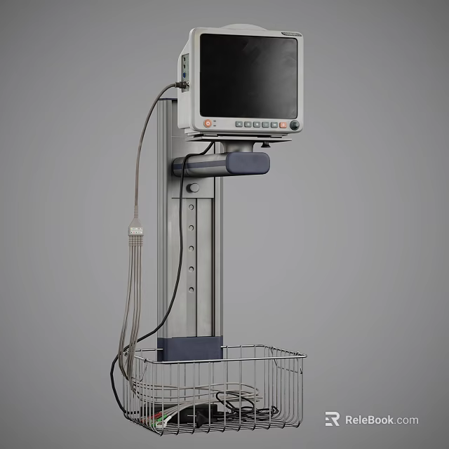 Medical Monitor With Display Screen Stand Cables And Storage Basket 3d model 