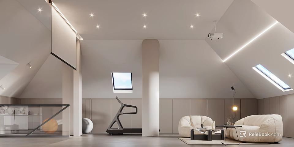 Modern Minimalist Recreation Room With Treadmill Sofa Projector And Ceiling Lights 3d model