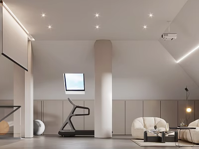 Modern Minimalist Recreation Room With Treadmill Sofa Projector And Ceiling Lights 3d model