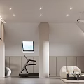 Modern Minimalist Recreation Room With Treadmill Sofa Projector And Ceiling Lights 3d model