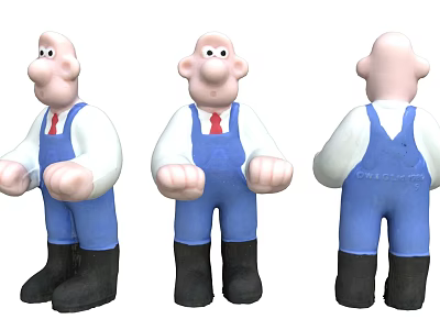 Toy Doll With Blue Overalls White Shirt Red Tie Black Boots And Three Angles View 3d model