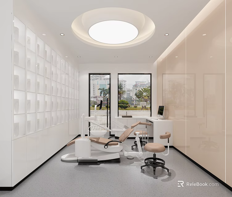 Modern Dental Clinic Interior With Treatment Chair And Large Windows 3d model 