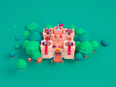 Pink Low Poly Castle Building Surrounded By Green Trees And Blue Bushes 3d model
