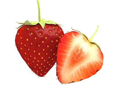 Fresh Juicy Red Strawberry With Green Leaves Whole And Sliced Half View 3d model