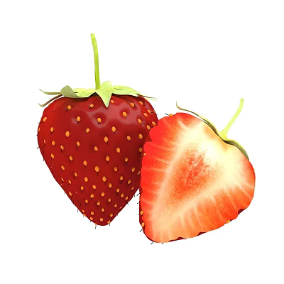 Fresh Juicy Red Strawberry With Green Leaves Whole And Sliced Half View 3d model