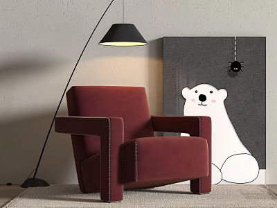 Red Armchair with Floor Lamp and Polar Bear Painting in Living Room Interior 3d model