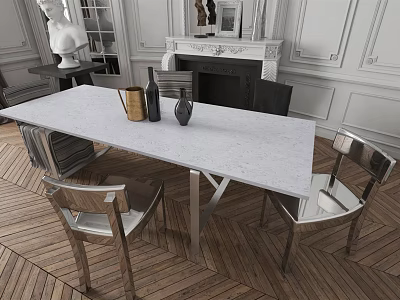 Modern Dining Table Set With White Marble Top And Silver Metal Chairs 3d model