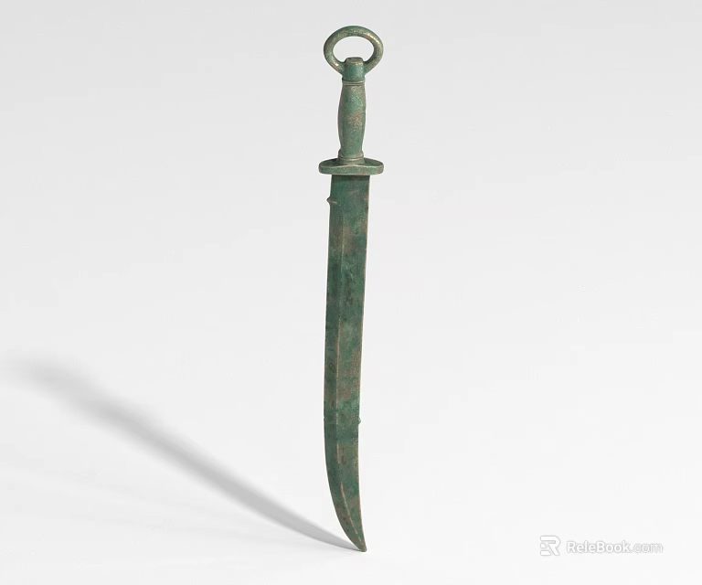 Ancient Bronze Dagger with Ringed Handle and Slender Blade Showcasing Historical Weapon Design 3d model 
