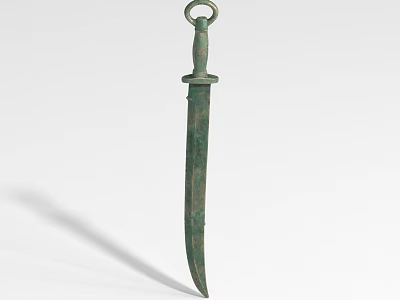Ancient Bronze Dagger with Ringed Handle and Slender Blade Showcasing Historical Weapon Design 3d model