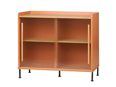 Modern Elegant Entryway Console Cabinet With Ribbed Glass Doors Open Shelves And Black Slim Legs 3d model