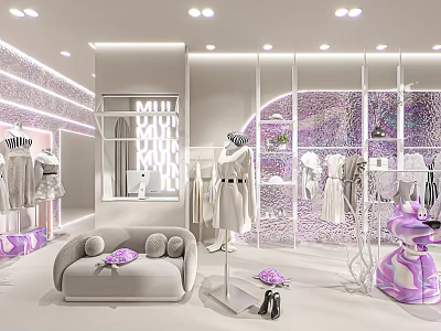 Modern Elegant White And Purple Clothing Store Interior With Display Racks Mannequins Sofa And Decorations 3d model