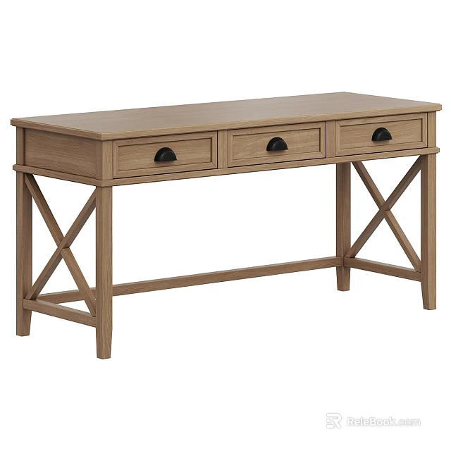 Natural Wood Dining Table Design With Rectangular Top Three Drawers And X Shaped Legs 3d model