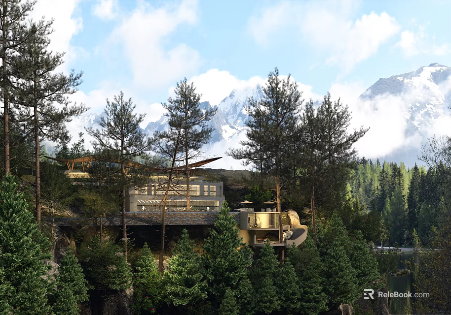 Modern Homestay Building Surrounded By Trees And Snowy Mountain Views 3d model 