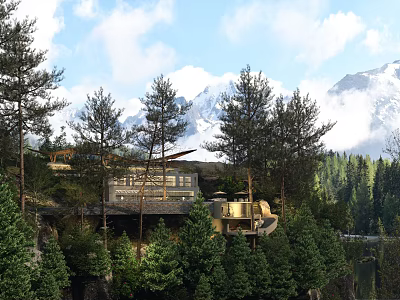 Modern Homestay Building Surrounded By Trees And Snowy Mountain Views 3d model