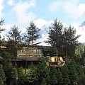 Modern Homestay Building Surrounded By Trees And Snowy Mountain Views