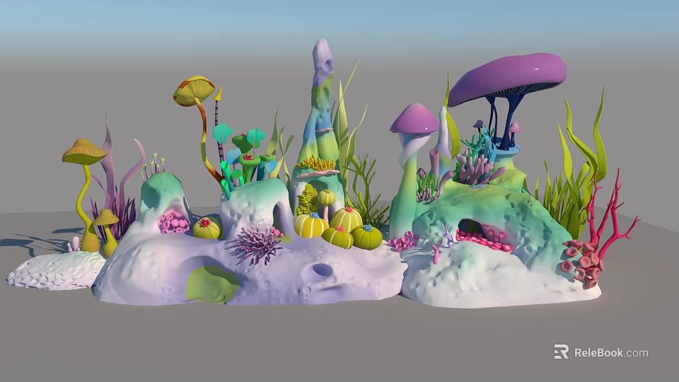 Aquatic Plants With Purple Mushroom Shaped Structures Green Seaweed And Colorful Corals On Rocks 3d model 