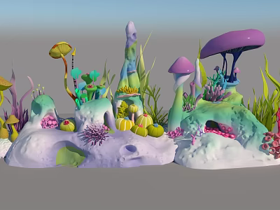 Aquatic Plants With Purple Mushroom Shaped Structures Green Seaweed And Colorful Corals On Rocks 3d model