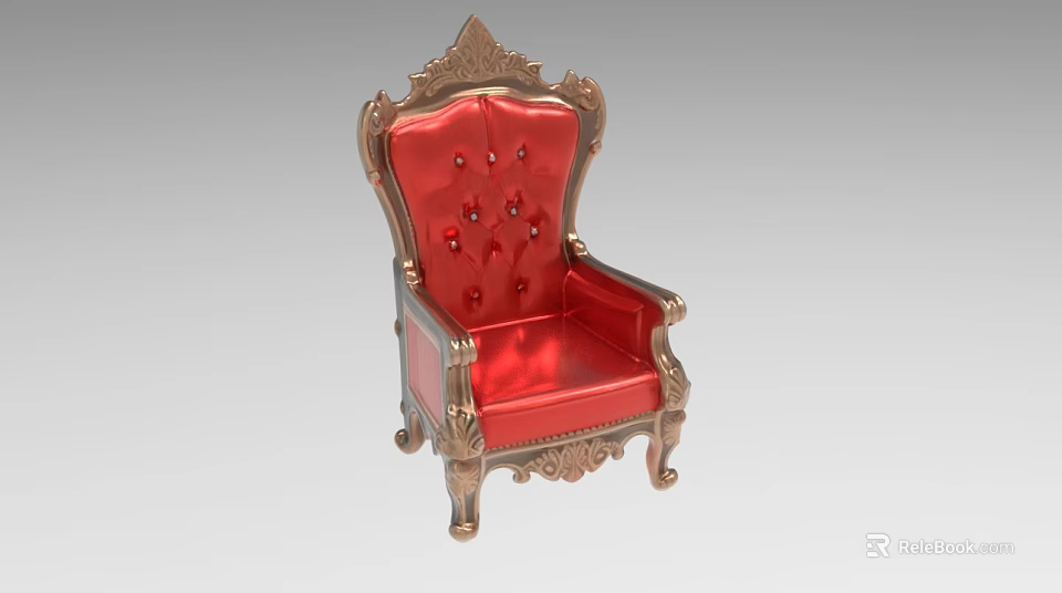 Luxurious Red Single Chair With Gold Ornate Details And Button Tufted Design 3d model 