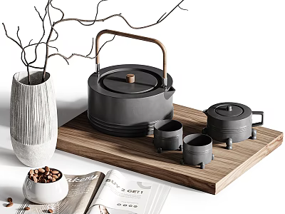 Elegant Minimalist Tea Set With Black Teapot Teacups On Wooden Tray 3d model