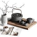 Elegant Minimalist Tea Set With Black Teapot Teacups On Wooden Tray