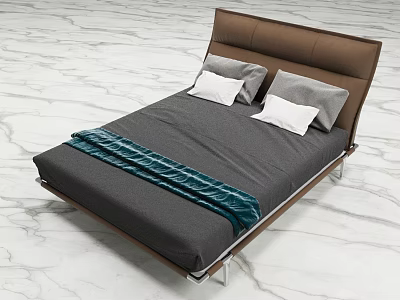Modern Double Bed With Brown Leather Headboard Gray White Pillows Gray Mattress And Teal Blanket 3d model