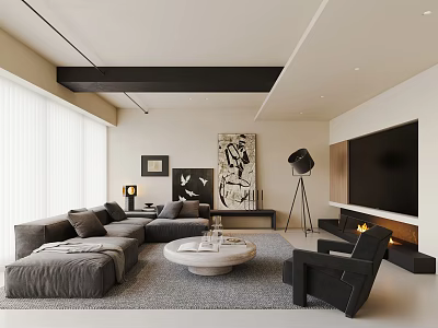 Modern Living Dining Room Interior Design With Gray Sofa Round Coffee Table And Black Armchair 3d model