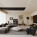 Modern Living Dining Room Interior Design With Gray Sofa Round Coffee Table And Black Armchair