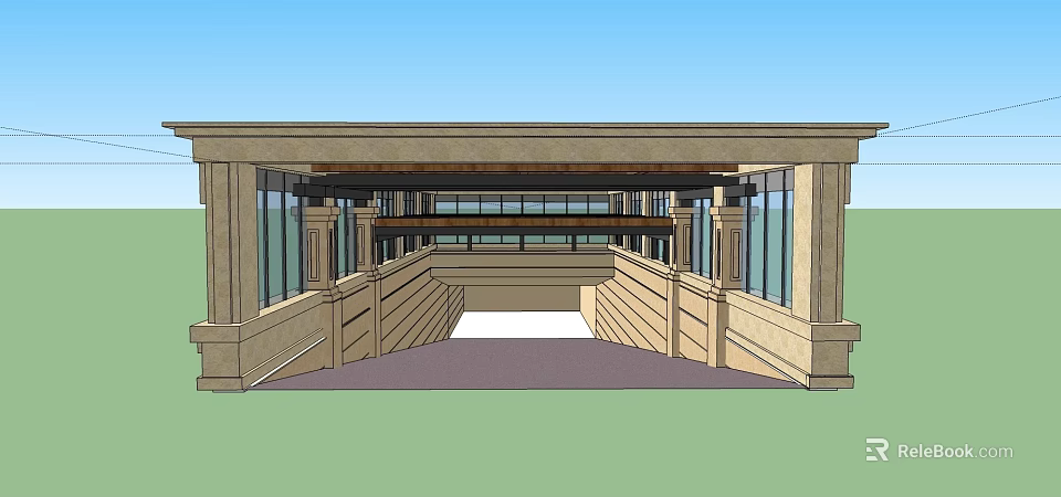 Modern Covered Entrance Portico With Stone Columns And Glass Walls Design 3d model 