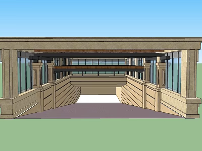 Modern Covered Entrance Portico With Stone Columns And Glass Walls Design 3d model