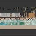 Cartoon Beach Scene Featuring Wooden Deck Cabin Palm Trees and Small Boat in Blue Water