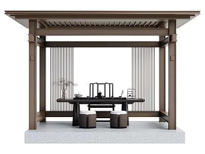 Traditional Chinese Garden Pergola With Wooden Frame Lattice Roof And Tea Table Setup 3d model