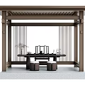 Traditional Chinese Garden Pergola With Wooden Frame Lattice Roof And Tea Table Setup