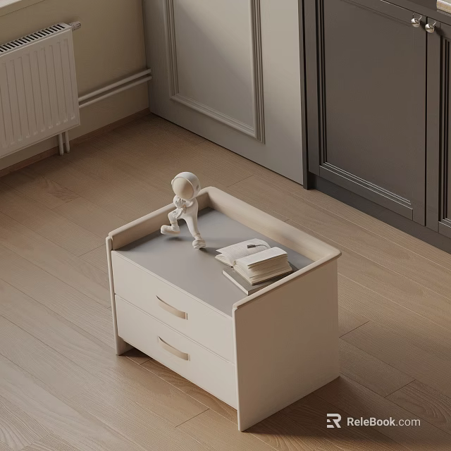 White Modern Side Table With Two Drawers Open Book And Small Doll On Wooden Floor 3d model 