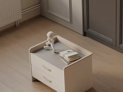White Modern Side Table With Two Drawers Open Book And Small Doll On Wooden Floor 3d model
