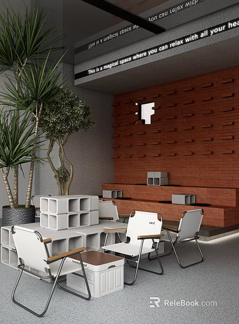 Cozy Lounge Area With Red Brick Wall White Cube Seats Green Plants And White Chairs 3d model 