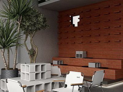 Cozy Lounge Area With Red Brick Wall White Cube Seats Green Plants And White Chairs 3d model
